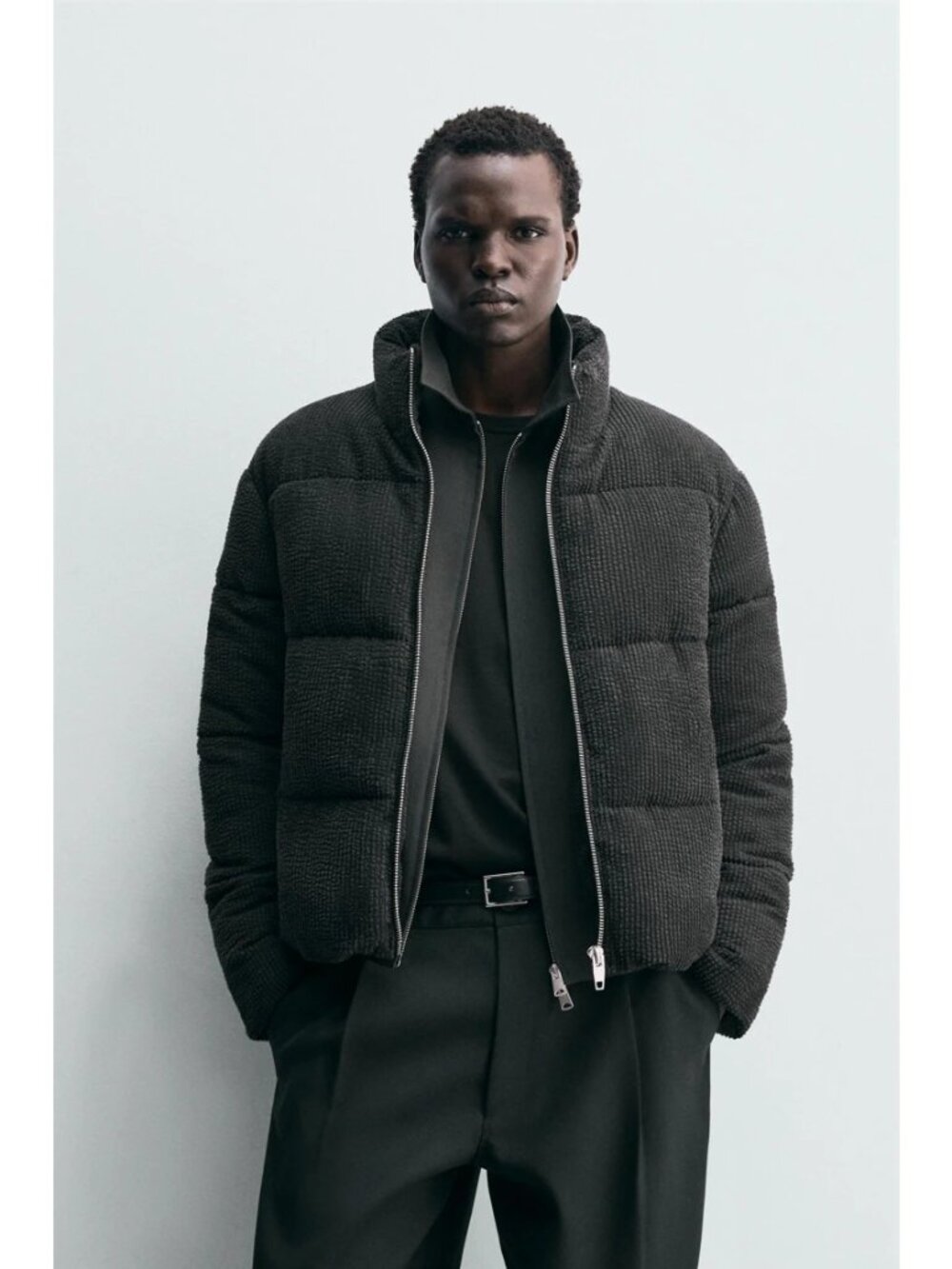 Zara Mens Puffer Jacket Coat M Medium Black Corduroy Insulated full zip NWOT